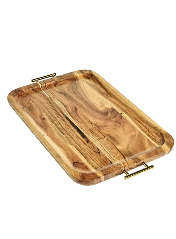 Better Homes & Gardens- Acacia Wood Rectangle Tray with Gold Color Handles, One Size