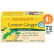 Bigelow Lemon Ginger Probiotics Herbal Tea, Tea Bags, 18 Ct (4 Boxes)