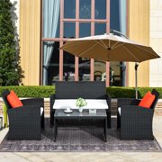 4 Pieces Outdoor Furniture, Sofa Wicker Conversation Set with Two Single Sofa, One Loveseat, Tempered Glass Table, Patio Furniture Sets for Porch Poolside Backyard Garden, Q8580