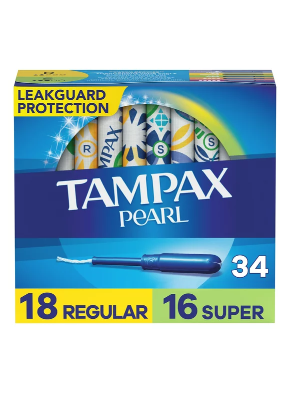Tampax Pearl Tampons Duo Pack, Regular/Super Absorbency, Unscented, 34 Ct