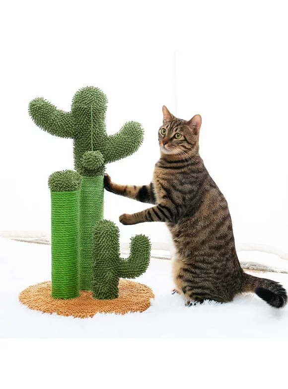 Large 27 Inches Cat Scratching Post Cactus Cat Scratcher Featuring with 3 Scratching Poles and Interactive Dangling Ball for Indoor Large Cats and Kittens