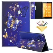 Dteck Flip Case For Amazon Kindle Fire HD 10 (5th/7th Generation, 2015/2017), PU Leather Case w/Butterfly Design, Built-in Card Slots/Money Pocket, Stand Protective Cover, Purple Butterfly