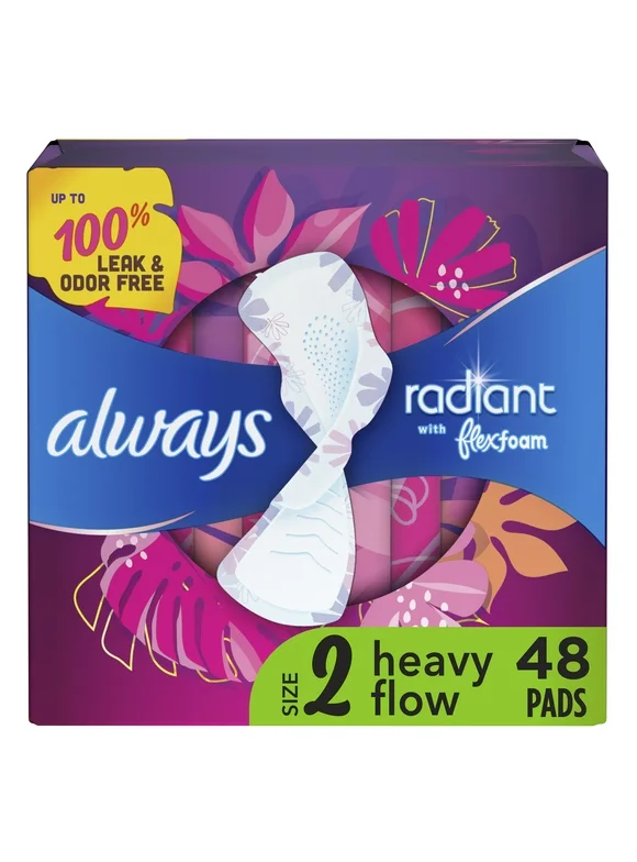Always Radiant Feminine Pads, Size 2 Heavy, with Wings, Scented, 48 CT