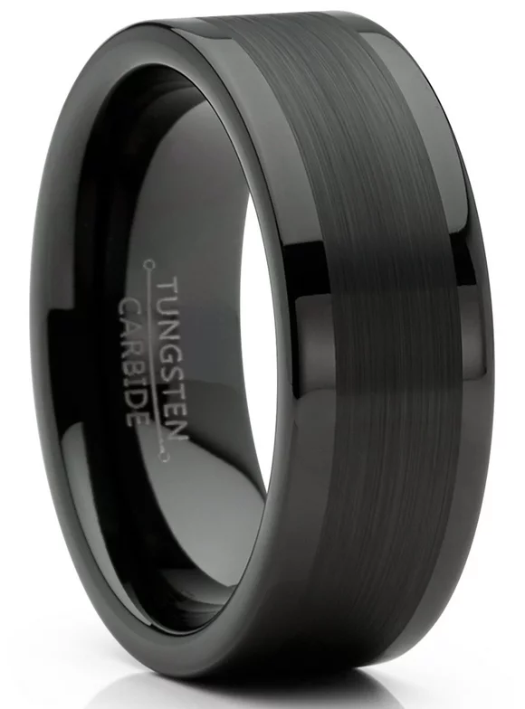 Mens Tungsten Ring Black Wedding Band High-Polish Comfort-fit 8MM