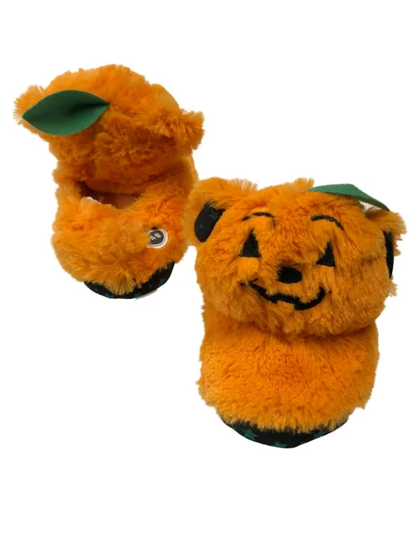 Build A Bear Boys & Girls Orange Pumpkin Slippers Halloween House Shoes M(12-13)