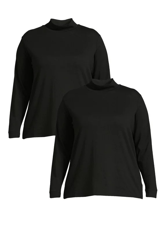 Terra & Sky Women's Plus Size Mock Neck T-Shirt, 2-Pack