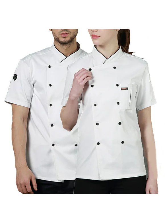 Cotton Chef Uniform Summer Short Sleeve Shirts for Men Chef Jacket Apron Buttons Sweat Bands For Grill Restaurant Bar Shop Cafes White XXL