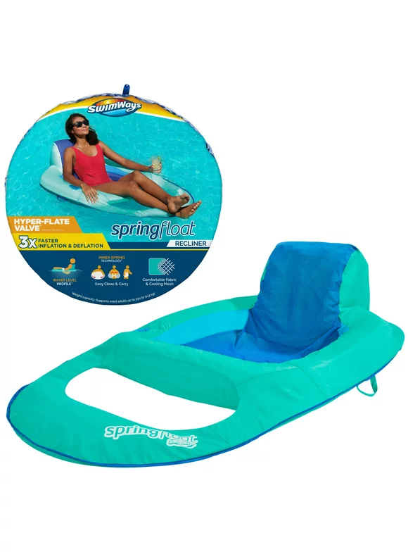 SwimWays Spring Float Recliner Pool Lounger with Hyper-Flate Valve, Inflatable Pool Float, Teal