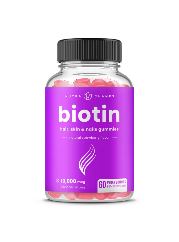 NutraChamps Biotin Gummies 10000mcg [Highest Potency] for Healthy Hair, Skin & Nails Vitamins for Women, Men & Kids - 5000mcg in Each Hair Vitamins Gummy - Vegan, Non-GMO, Hair Health Supplement