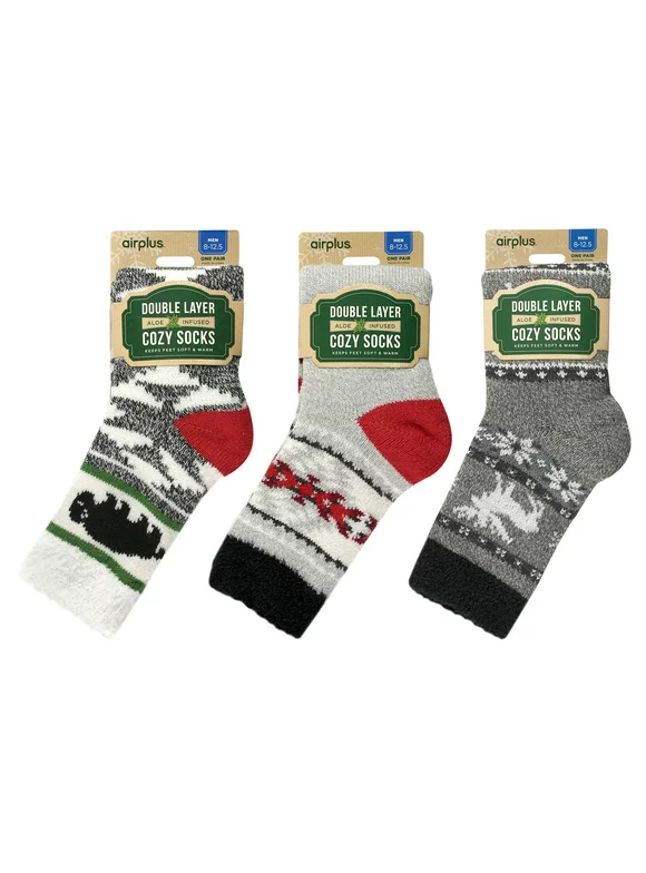 Airplus Dual Layer Holiday Crew Sock, Home for Christmas, Men's Large 3 Pack