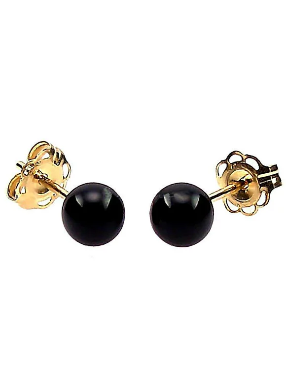 Natural Black Onyx 4mm Ball Stud Earrings 14K Yellow Gold Posts