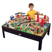 KidKraft Airport Express Espresso Wooden Train Set & Table with 91 Accessories Included