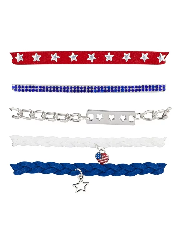 Lux Accessories Red Blue White Star Silver Tone Chain Braid Multistrand Bracelet