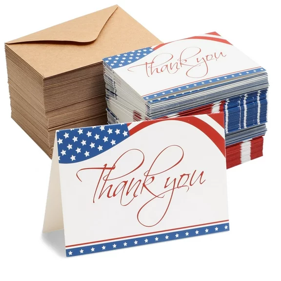 120 Pack Patriotic Thank You Cards with Envelopes, Bulk American Flag Notecards for Military Veterans, Memorial Day (4x6 In)