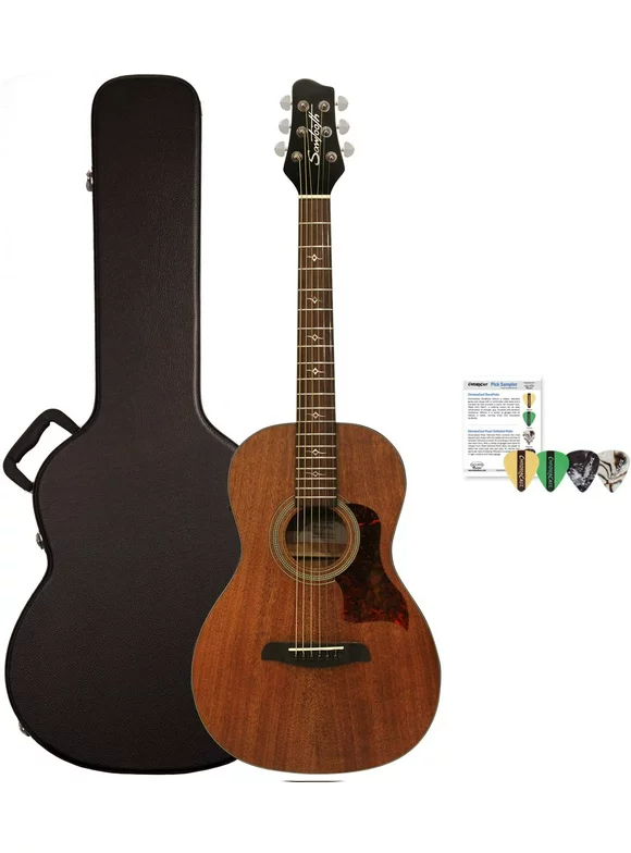 Sawtooth Mahogany Series Solid Mahogany Top Acoustic-Electric Parlor Guitar with Padded Gig Bag and Pick Sampler
