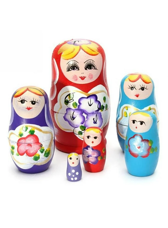 TureClos 5pcs Russian Nesting Wooden Matryoshka Dolls Set Hand Painted Ornament Baby Toy Girl Doll Decor