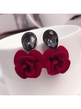 Trendy & Classy Red Rose Crystal Water Drop Flower Stud Earrings Gorgeous Ruby Red Fashion Jewelry Earrings
