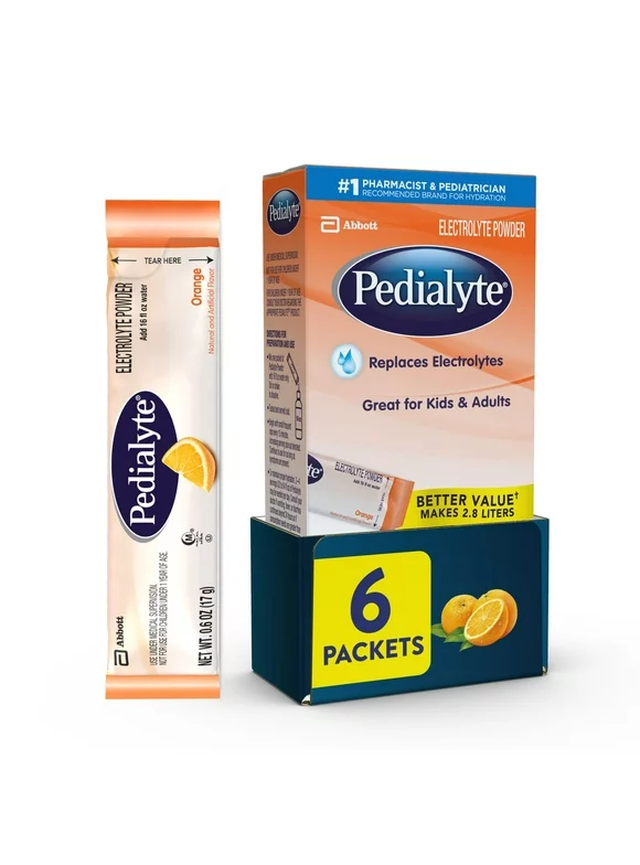 Pedialyte Electrolyte Powder Packets, Orange, Hydration Drink, 6 Single-Serving Powder Packets