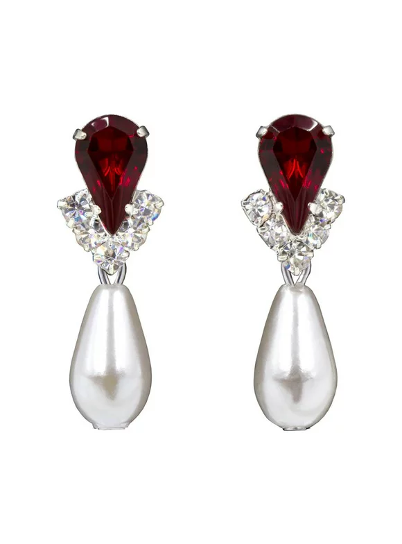 #5538RUBYS - Rhinestone Pear V Pearl Drop Earrings - Ruby Silver Plated