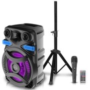 Technical Pro 3000 Watts Rechargeable 15 Inch Bluetooth LED Speaker Package with Tripod And Microphone, Bluetooth LED Lights, LED Woofer, Telescoping Handle, SD/ USB Inputs, Tripod Included