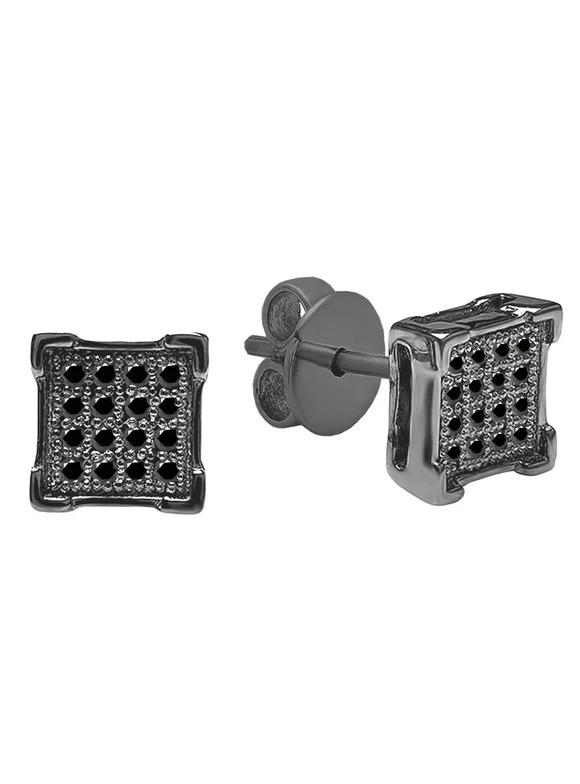 Dazzlingrock Collection Round Black Diamond Cluster Square Frame V-Prong Unisex Pushback Stud Earrings (0.10 ctw, Color Black, Clarity Opaque), Black Plated 925 Sterling Silver