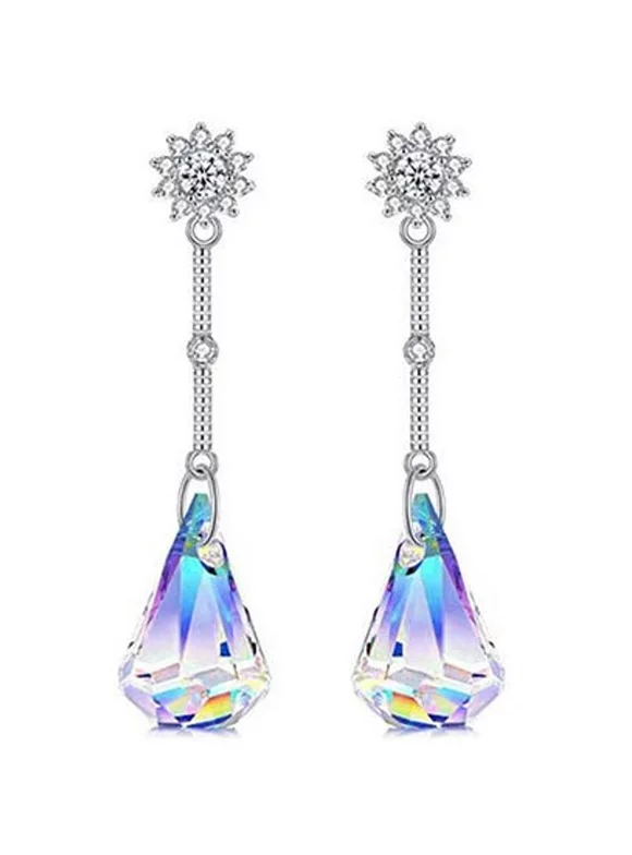 Savlano 14k White Gold Plated Aurora Borealis Austrian Rainbow Multicolor Crystal Tear Drop Cut Stud Dangle Earrings For Women, Girls & Men