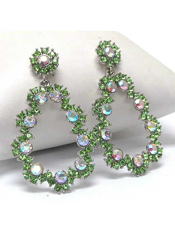 Large 60's Antique Style Green Crystal Flower Dangle Post Earrings