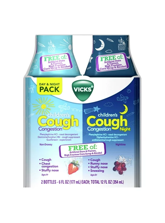 Vicks Children's Cough & Congestion, Liquid over-the-counter Medicine, Day & Night Twin Pack, 2x6 oz