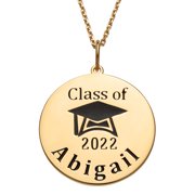 Personalized Women's Sterling Silver or Gold over Silver Engraved Name Class of Disc with Grad Cap Necklace