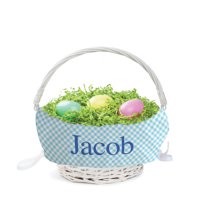 Personalized Easter Basket with Custom Name Printed on Blue Checkered Liner, Blue Letters