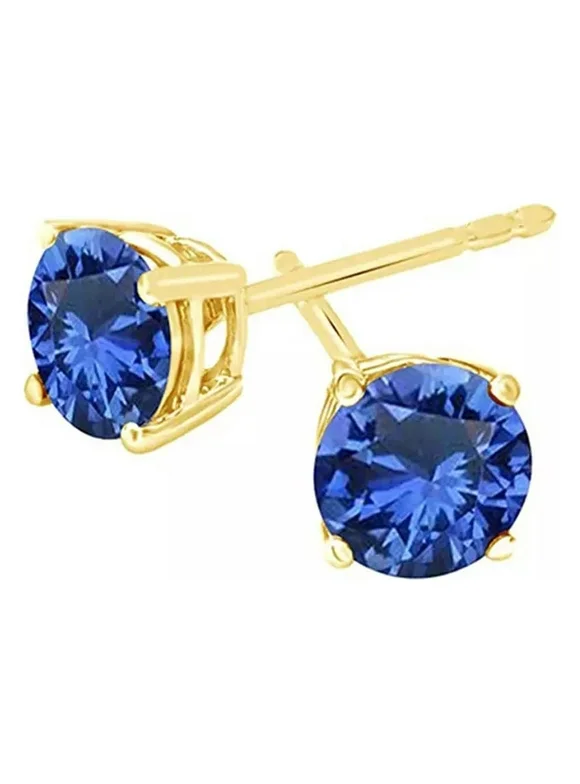 Paris Jewelry 10k Yellow Gold Plated 4 Ct Round Created Blue Sapphire Stud Earrings