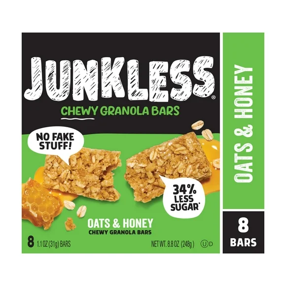 JUNKLESS Chewy Oats & Honey Chewy Granola Snack Bars, 1.1 oz, 8 Count