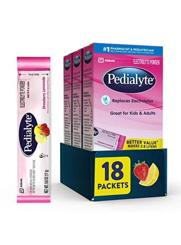 Pedialyte Electrolyte Powder Packets, Strawberry Lemonade, Hydration Drink, 18 Single-Serving Powder Packets