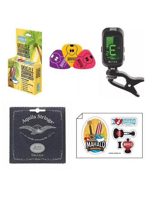 Mahalo Ukulele Essentials accessory pack w/Clip on Tuner, Aquila Strings & more!