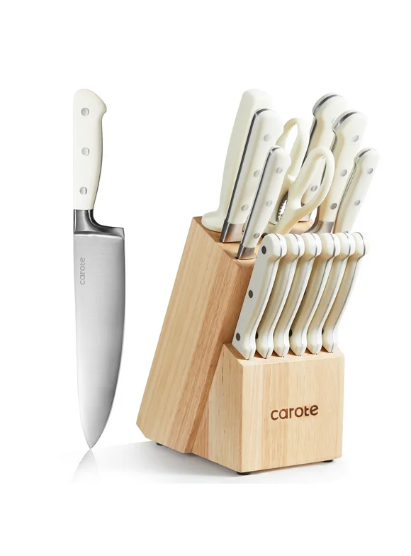 CAROTE 14 Pieces Knife Set with Wooden Block Stainless Steel Knives Dishwasher Safe with Sharp Blade Ergonomic Handle Forged Triple Rivet-Pearl White
