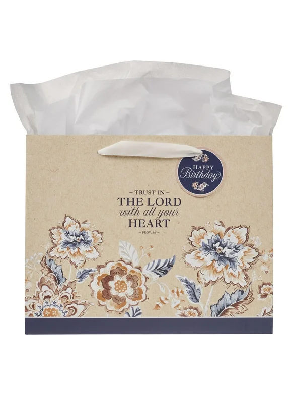 Christian Art Gifts Large Landscape Inspirational Scripture Birthday Gift Bag, Tag & Wrapping Tissue Paper Set for Women: Trust in the Lord Bible Verse, Honey Brown, Navy Blue & Creamy White Floral