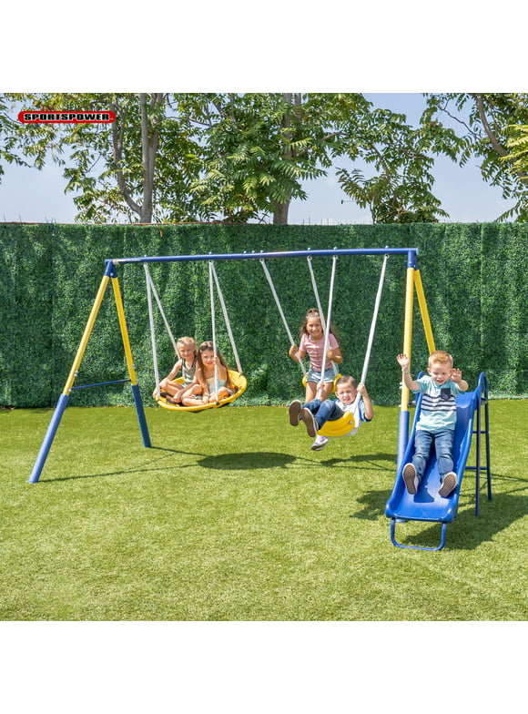 Sportspower Super Saucer Metal Swing Set with 2 Swings, Saucer Swing and a 1pc Heavy Duty Slide