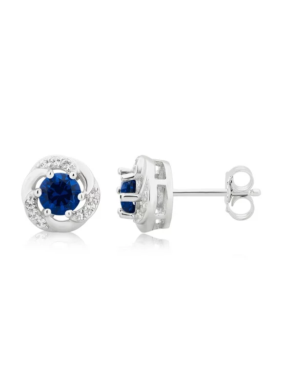 White Gold Finish Created Blue Sapphire Solitaire Simulated Diamond Earrings