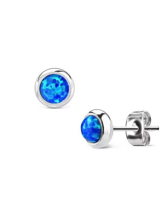 MoBody Created-Opal Round Stud Earrings Silver Surgical Stainless Steel Womens Jewelry (Blue Created Opal)