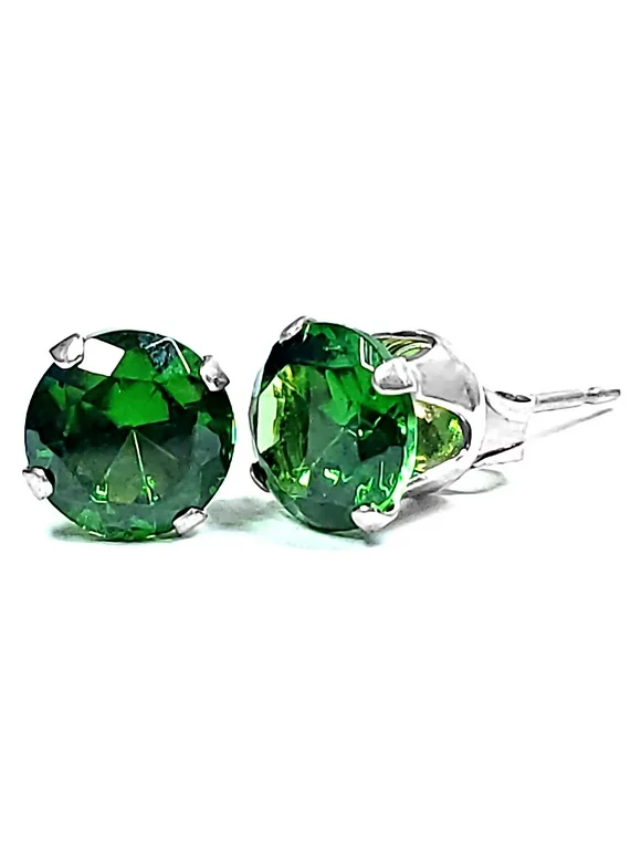 8mm Brilliant Cut Green Emerald Ice CZ Sterling Silver Unisex Stud Earrings