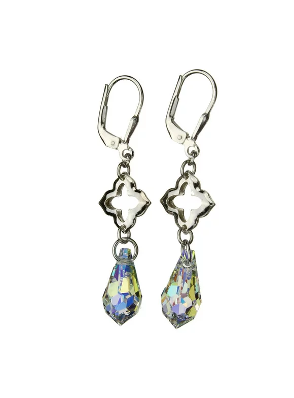 Sterling Silver Link Clover Leverback Earrings Aurora Borealis Crystal Teardrop