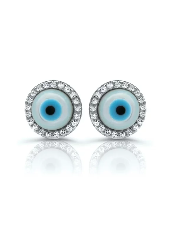 Evil Eye Small Round 925 Silver Stud Earringsmother Of Pearl