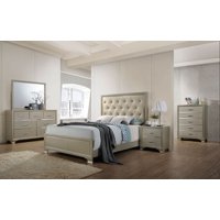 Queen Size Bed 4pc Bedroom Furniture Set PU & Champagne Finish Button Tufted Headboard