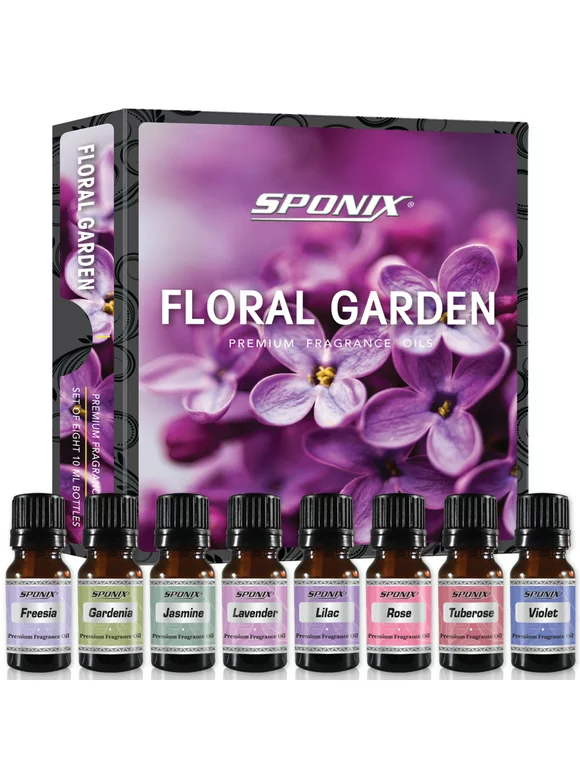 Floral Garden Fragrance Oils 8 X 10 mL (0.33 Oz) 100% Pure - Freesia, Jasmine, Rose, Gardenia, Lilac, Violet, Lavender, Tuberose Essentials Gift Set of 8 by Sponix 8 Pack