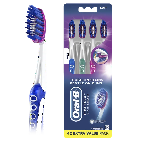 Oral-B Pro-Flex Stain Eraser Manual Toothbrush, Soft, 4 Ct, for Adults and Children 6+
