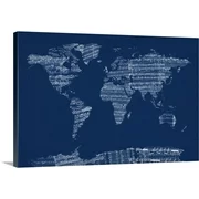 Great BIG Canvas | "Sheet Music World Map, Blue" Canvas Wall Art - 30x20