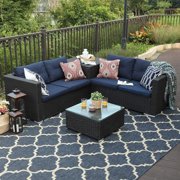 MF Studio Outdoor PE Wicker Patio Furniture Set 4-Piece, Rattan Sectional Loveseat Couch Set, Conversation Sofa with Storage Table and Blue Cushion