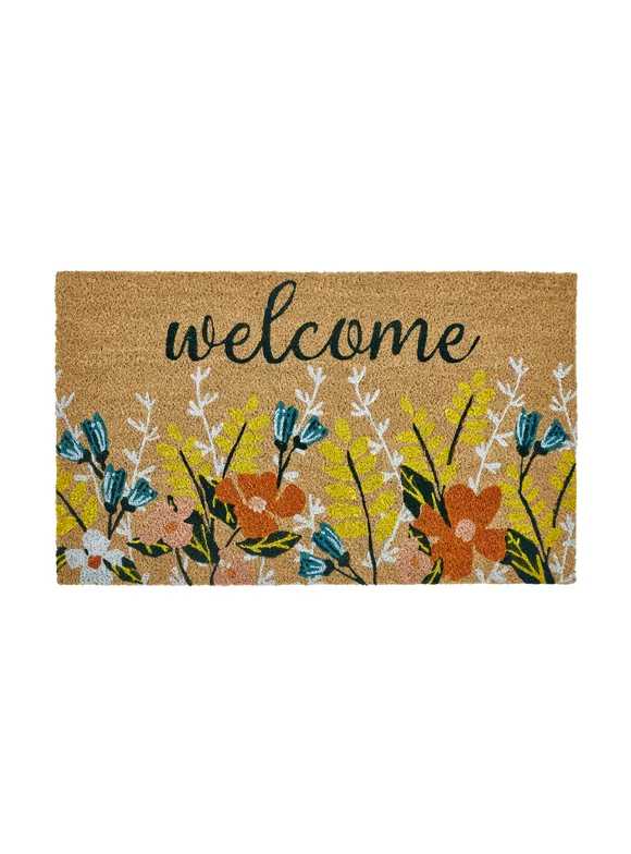 Home Dcor Collection Welcome Natural/Multicolor Floral Coir Outdoor Doormat, 18" x 30"
