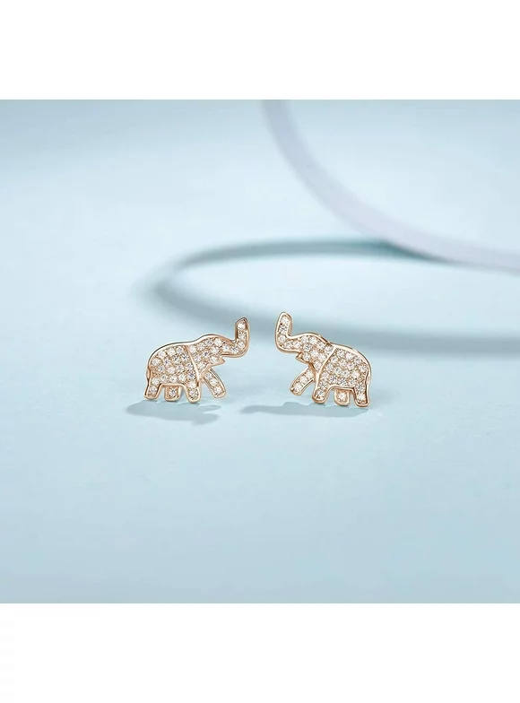 FANCIME Rose Gold Plated 925 Sterling Silver CZ Cubic Zirconia Small Cute Animal Elephant Stud Earrings Jewelry For Women Girls