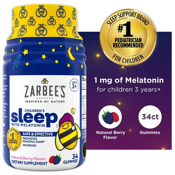 Zarbee’s Kids Sleep 1mg Melatonin Gummy Supplement, Non-Habit Forming, Berry, 34ct